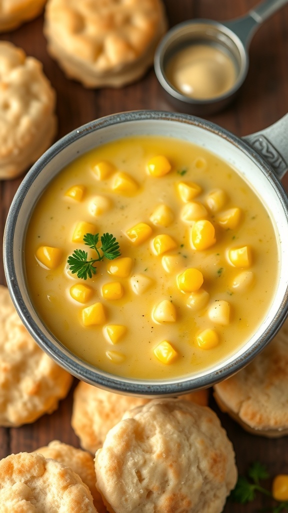 Creamy corn gravy served over biscuits, garnished with parsley, on a rustic wooden table.